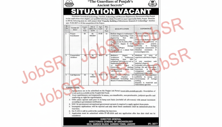 Conservation Architect Jobs 2026 — Directorate General of Archaeology Punjab Pakistan