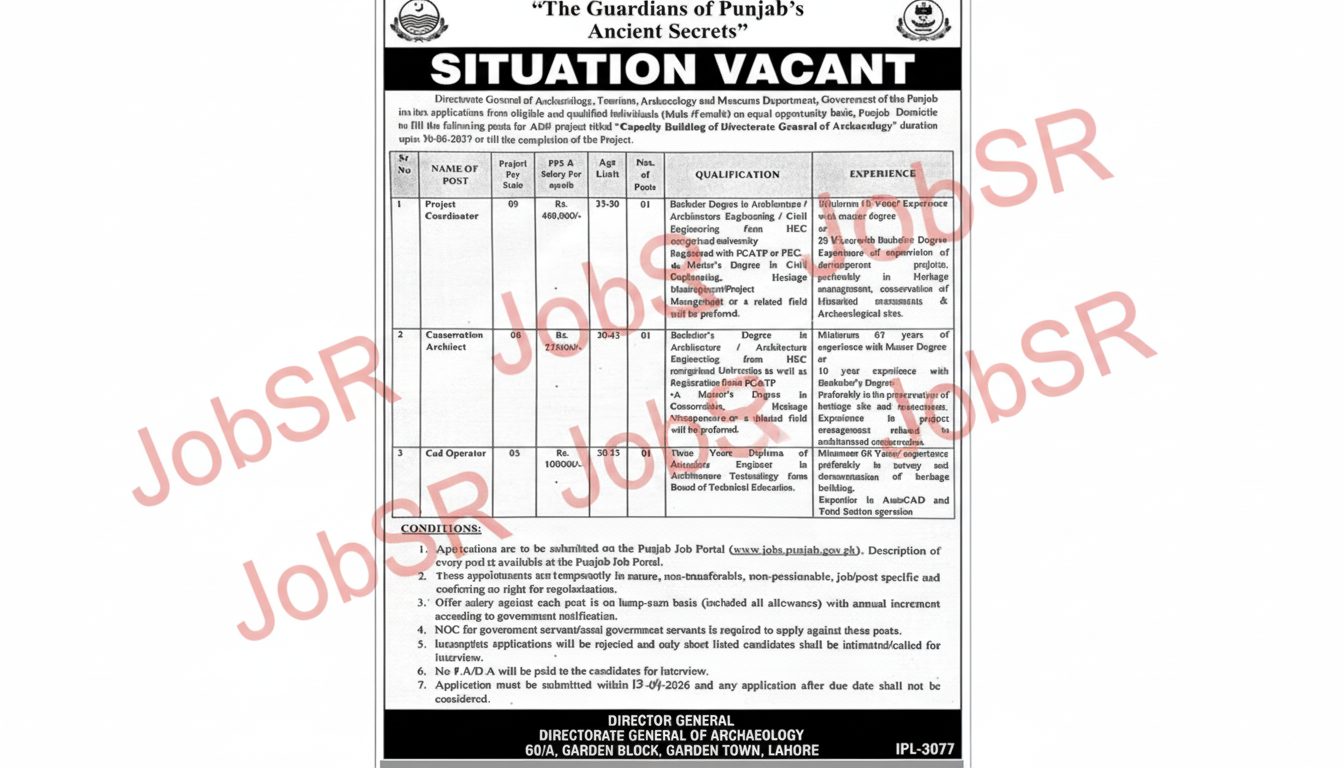 Conservation Architect Jobs 2026 — Directorate General of Archaeology Punjab Pakistan